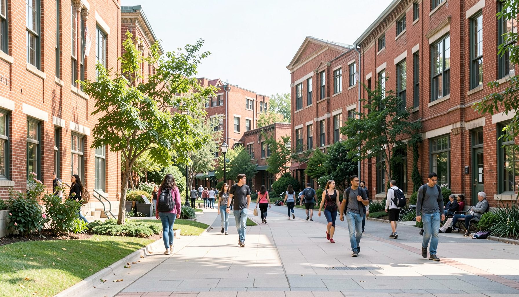 A college campus quad on a bright afternoon, students walking between brick buildings, soft greens and warm terracotta accents