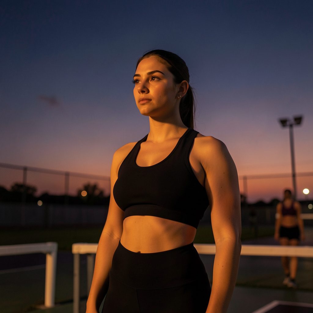 A young woman in athletic wear standing courtside at dusk, warm terracotta sunset light against a navy sky, calm and reflective mood